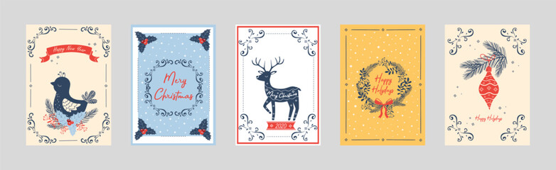 Wall Mural - Merry Christmas Card Cover with Reindeer, Fir Branch and Baubles Vector Set