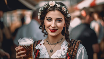 Wall Mural - Attractive german waitress serving large beer at the Oktoberfest in Germany. Generative AI illustrations