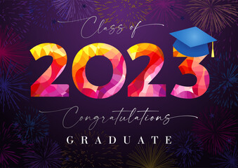 Class of 2023 graduating greetings. Creative banner or poster. Number 20 23 design with academic blue hat. Holiday background. Typographic logo. Isolated graphic elements.