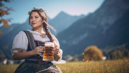 Attractive german waitress serving large beer at the Oktoberfest in Germany. Generative AI illustrations