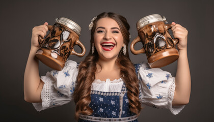 Wall Mural - Attractive german waitress serving large beer at the Oktoberfest in Germany. Generative AI illustrations