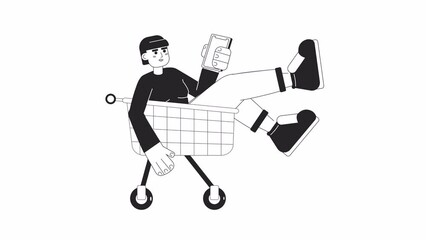 Poster - Internet shopping bw animation. Animated girl with phone rushing on shopping trolley 2D flat monochromatic thin line character. 4K video concept footage with alpha channel transparency for web design