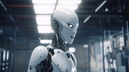 Humanoid robot gorgeous full in trendy style on light background. Realistic people character illustration. Fashion illustration. UI UX Design. Metal background.