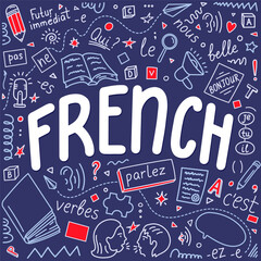 Wall Mural - French. Language education hand drawn doodles and lettering.