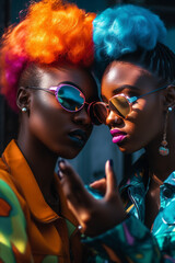 Poster - two black friends model wih a colorful hairstyle and urban mood, posing on camera, generative ai illustration