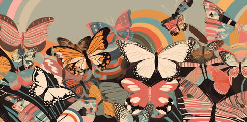  stylish butterflies pattern  group on colorful pop banner background, generative ai illustration