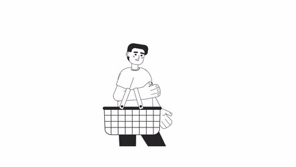 Poster - Animated bw boy holds grocery basket. Happy shopper in supermarket, store isolated 2D flat monochromatic thin line character 4K video footage on white with alpha channel transparency for web design
