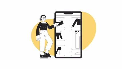 Poster - Choosing clothes online bw animation. Animated woman putting outfits together in app 2D flat monochromatic thin line character. 4K video concept footage with alpha channel transparency for web design