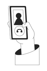 Poster - Hang up phone call bw vector spot illustration. Tap on decline button to finish call 2D cartoon flat line monochromatic first view hand on white for web UI design. Editable isolated outline hero image
