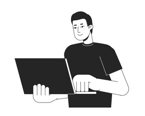 Poster - guy standing with laptop bw vector spot illustration. holding notebook with one hand 2d cartoon flat