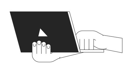 Poster - Holding laptop closeup bw vector spot illustration. Typing on keyboard 2D cartoon flat line monochromatic first view hand on white for web UI design. Tech gadget editable isolated outline hero image