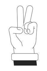 Poster - Peace fingers bw vector spot illustration. Showing victory sign 2D cartoon flat line monochromatic first view hand on white for web UI design. Hippie symbol editable isolated outline hero image