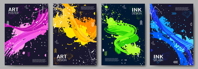 set of abstract posters. bright brush strokes, a colorful splash of paint or ink on a black backgrou