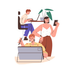 Aufkleber - Team work in startup company. Creative workers working under business project, doing own task. Company agency workspace. Teamwork concept. Flat graphic vector illustration isolated on white background