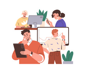 Poster - Colleagues team works under project, contributing to common business, company. Different roles, individual job in teamwork. Concept flat graphic vector illustration isolated on white background