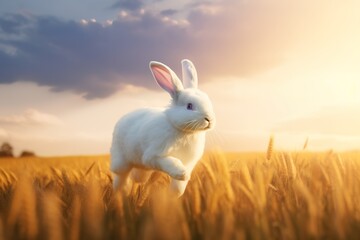 Wall Mural - a rabbit with white fur hopping around in the wheat field. Generative AI