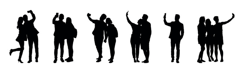 set silhouettes people taking selfie with smartphone with different poses flat vector.