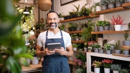 Entrepreneurial success: Small business owner managing flower shop with digital tablet. Generative AI.