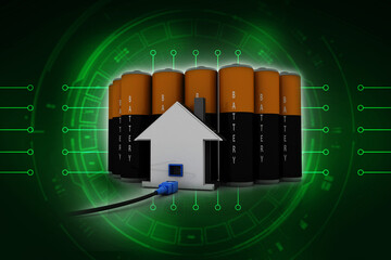 Poster - 3d rendering Network connection, internet communication and computer technology concept, closeup view of curved ethernet cable plug connector connected house near battery