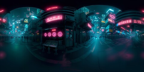 Full 360 degrees seamless spherical panorama HDRI equirectangular projection of Cyberpunk Night City Tron Future. Texture environment map for lighting and reflection source rendering 3d scenes.