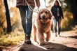 Couple walking their dog in a park, enjoying a casual afternoon, embracing pet love and an active lifestyle, generative ai