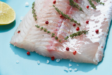 Fillet of raw white walleye fish on a blue plate on a white background. Whole piece of fresh fish