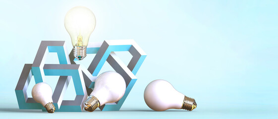 Poster - Light bulb with the creative concept of leadership success in solving business problems. Goals of Success concept on blue background. copy space, banner, website -3d Rendering