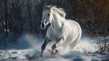 Beautiful White Horse Galloping In The Snow.generative Ai