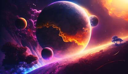 Wall Mural - Futuristic fantasy landscape, sci-fi landscape with planet, neon light, cold planet.