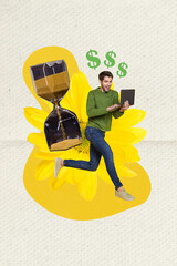 Poster - Collage of young freelancer running man hold laptop sandglass deadline hurry bet correct game online lottery isolated on drawn background