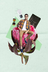 Poster - Vertical creative multi task worker collage of young business man influencer sit flower use time productively isolated on green background