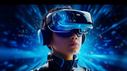 AI Art of boy wearing VR glasses virtual global world internet connection of The Metaverse. Technology concept: Insight of the future