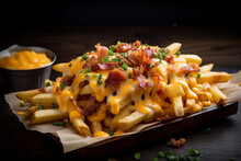 French Fries With Bacon And Cheddar Cheese. Generative Ai