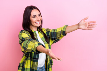 Wall Mural - Profile portrait of lovely nice girl toothy smile look raise opened arms empty space isolated on pink color background