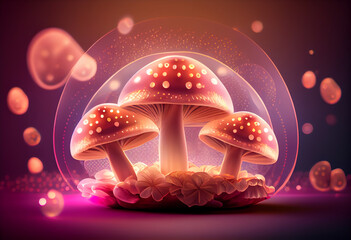 Aufkleber - Hedgehog mushrooms smooth elegant transparent fabric on bright bokeh background 3d pink and peach colors.  
Generative AI technology.