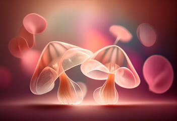 Aufkleber - Reishi mushrooms smooth elegant transparent fabric on bright bokeh background 3d pink and peach colors. 
Generative AI technology.