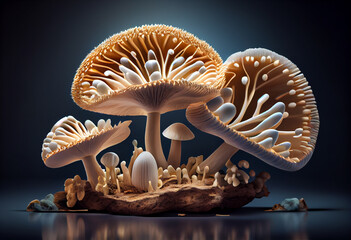 Aufkleber - Beautiful photo Hedgehog mushrooms concept, contemporary colors and mood social background. 
Generative AI technology.