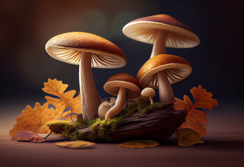 Poster - Beautiful photo Agaricus mushrooms concept, contemporary colors and mood social background. 
Generative AI technology.