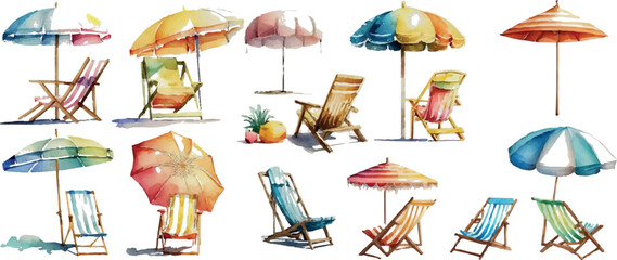 Set of deck chairs and umbrellas for the beach, sea equipment. Watercolor vector illustration.