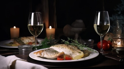 dinner concept for two. two glasses of white wine, baked fish