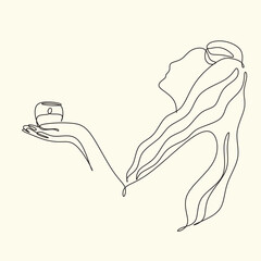 Wall Mural - Woman with a candle in a modern single line art style. Human hands holding a memory candle in the hands. Continuous one line drawing of hope family female fire home logo