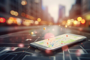 smartphone map application on screen on blur street bokeh abstract background, created with generati