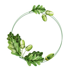 watercolor round frame with oak leaves, seeds, acorns, hand draw illustartion of tree, green colour, forest theme isolated on white background