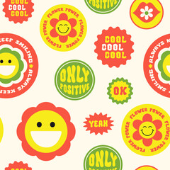 Poster - Trendy colorful cartoon stickers seamless pattern with smiling face and text on a beige background.  Collection of cute funny icons, positive slogans in style 70, 80s. Vector illustration