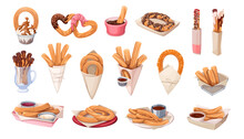 Churros Set Vector Illustration. Cartoon Isolated Sweet Takeaway Fast Food Collection With Churro Sticks In Paper Bags And Packages With Cups Of Chocolate Sauces And Dips, Fried Dessert On Plate