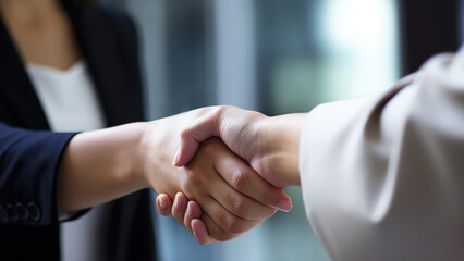 Cropped Image of Business handshake between two women Inside a modern bright office. Generative AI.