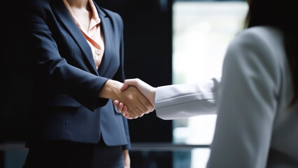 Cropped Image of Business handshake between two women Inside a modern bright office. Generative AI.