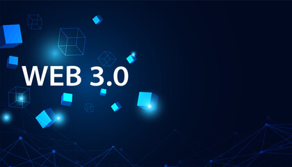 Poster - Abstract, Web 3.0 and blockchain square, Technology or Concept to Develop Web Links, Decentralized, Bottom-up Design, Consensus on Blue Background. Modern digital, futuristic