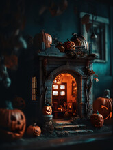 A Fireplace With Carved Pumpkins And Other Decorations. Generative AI