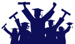 Cheerful graduate students with diploma and academic caps, silhouette. Graduation at university or college or school.  Vector illustration.